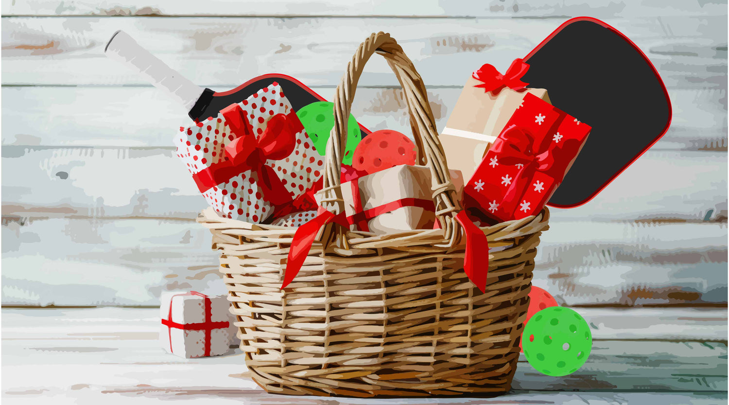 A gift basket with presents, two pickleball paddles and two pickleballs.