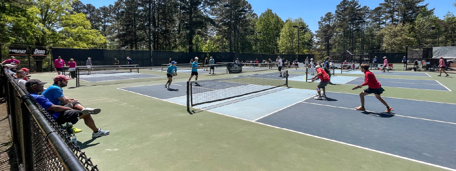 Group of grandparents playing pickleball doubles on a bright sunny day.