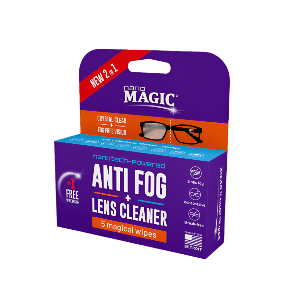 Side of packaging for Anti Fog Lens Cleaner wipes