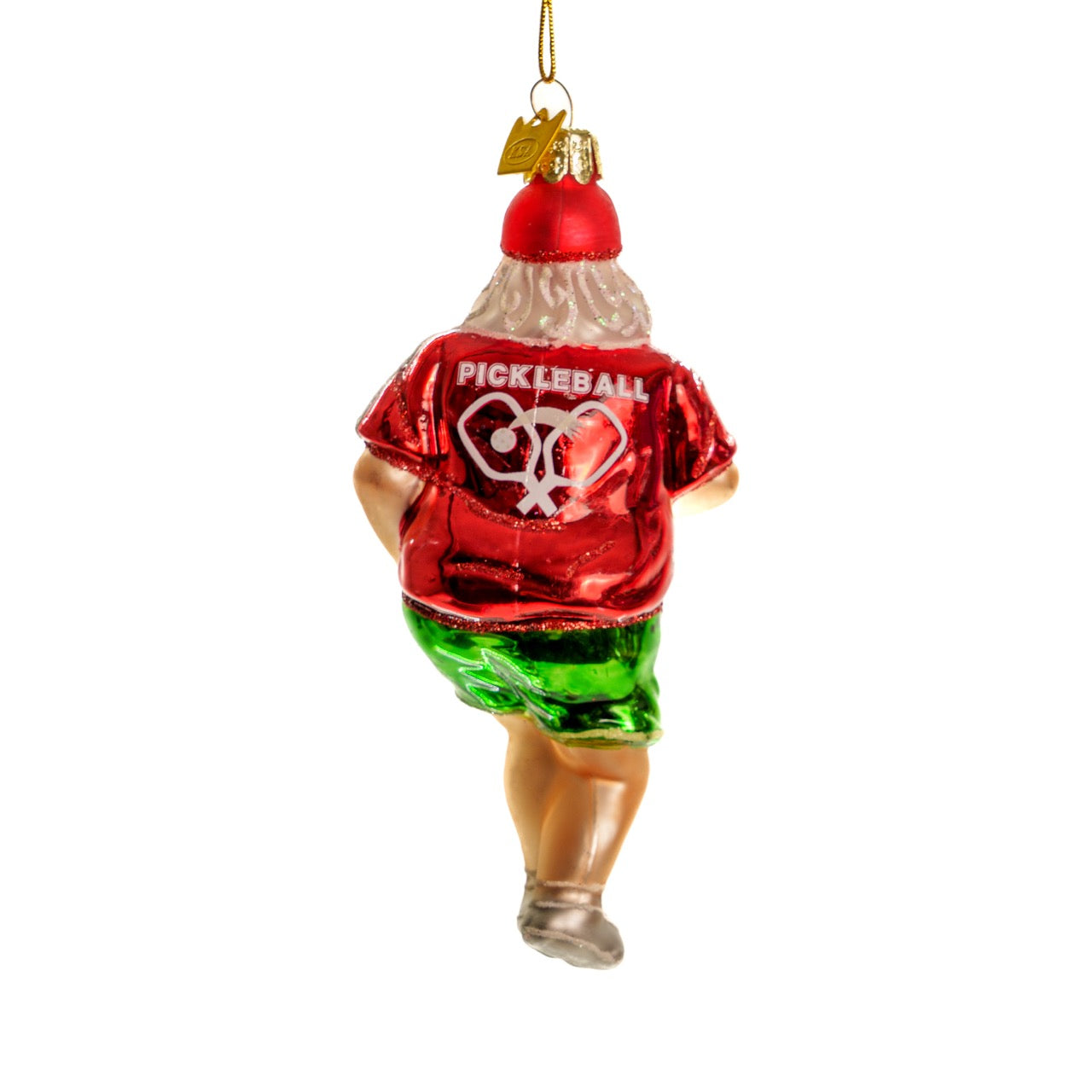 Back of a fun handmade glass Christmas ornament of Santa playing pickleball  hanging in front of a white studio backdrop