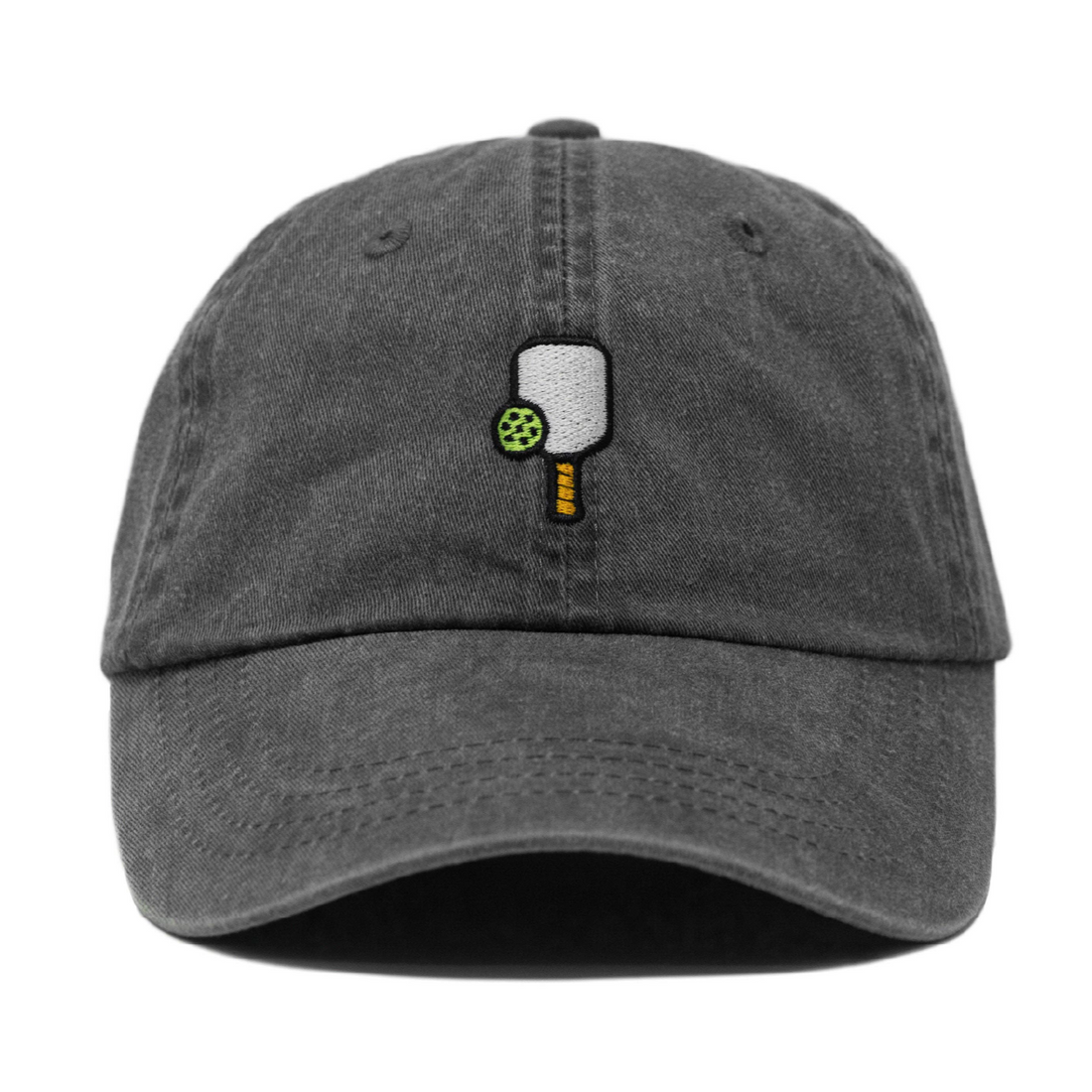 Washed black baseball hat with an embroidered pickleball paddle and ball on it