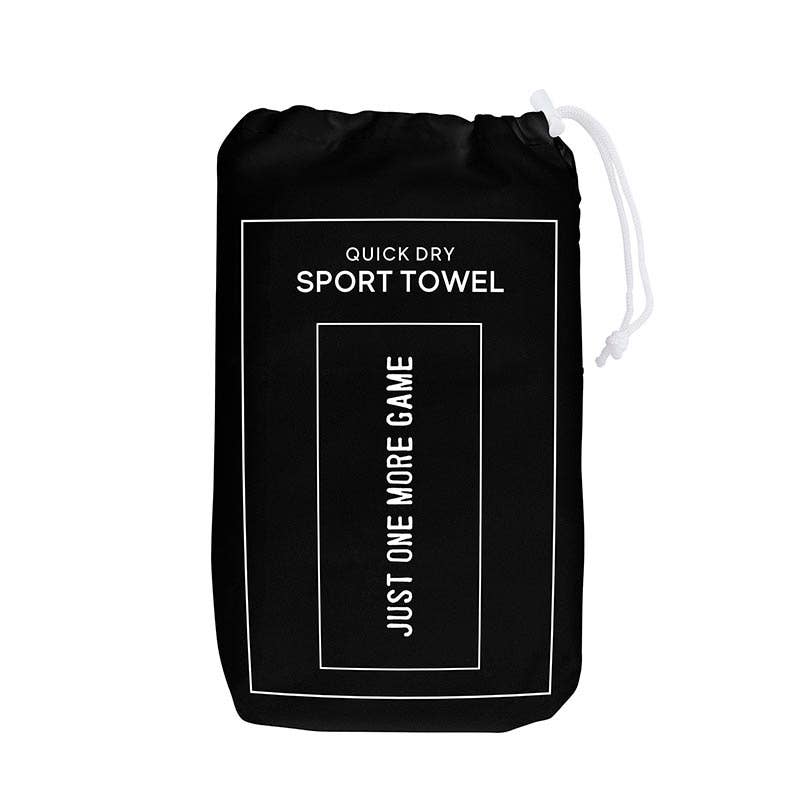 Packaging for black microfiber pickleball sport towel that says &quot;JUST ONE MORE GAME&quot; on it