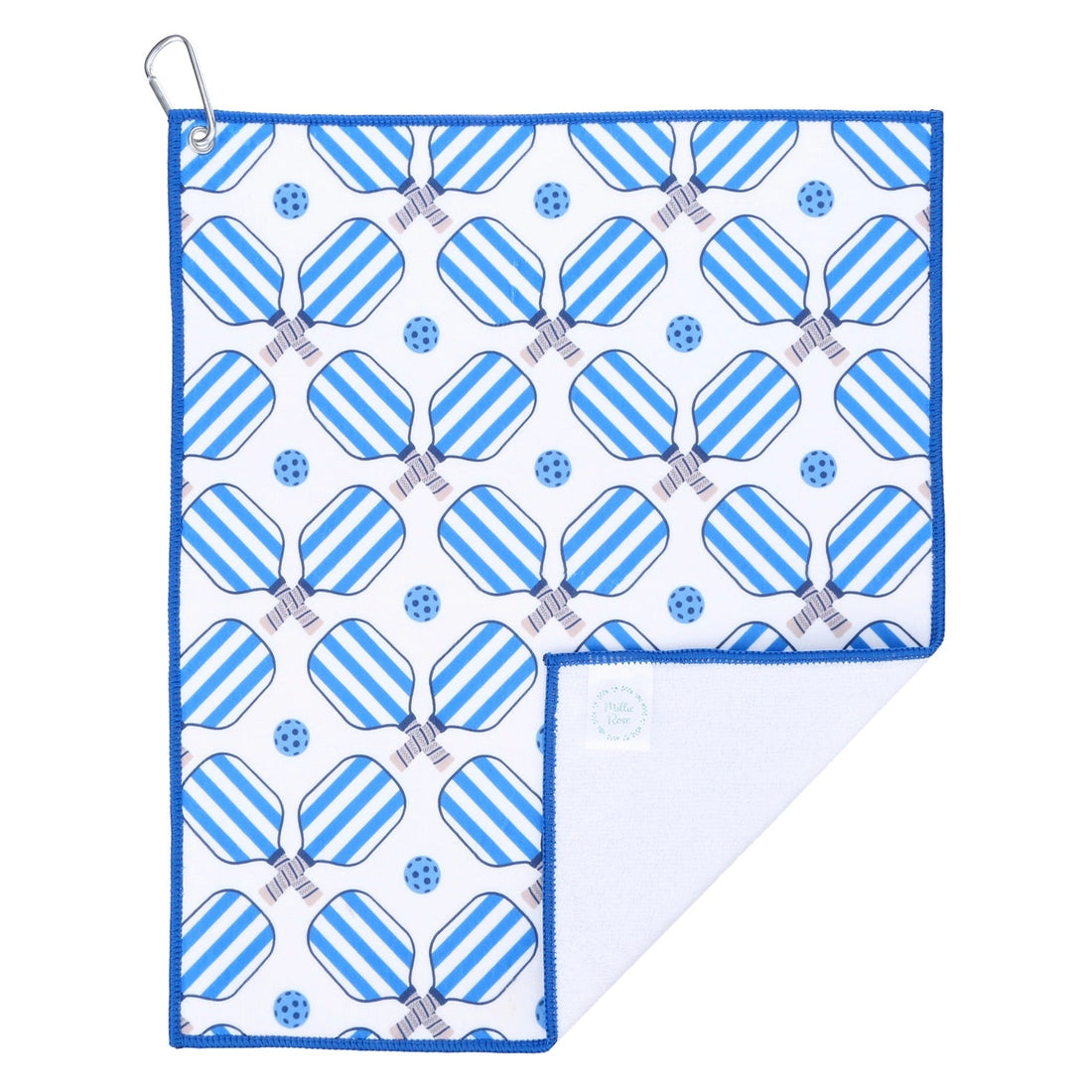 Blue and white preppy pickleball sports court towel with attached carabiner for hanging with the corner folded up