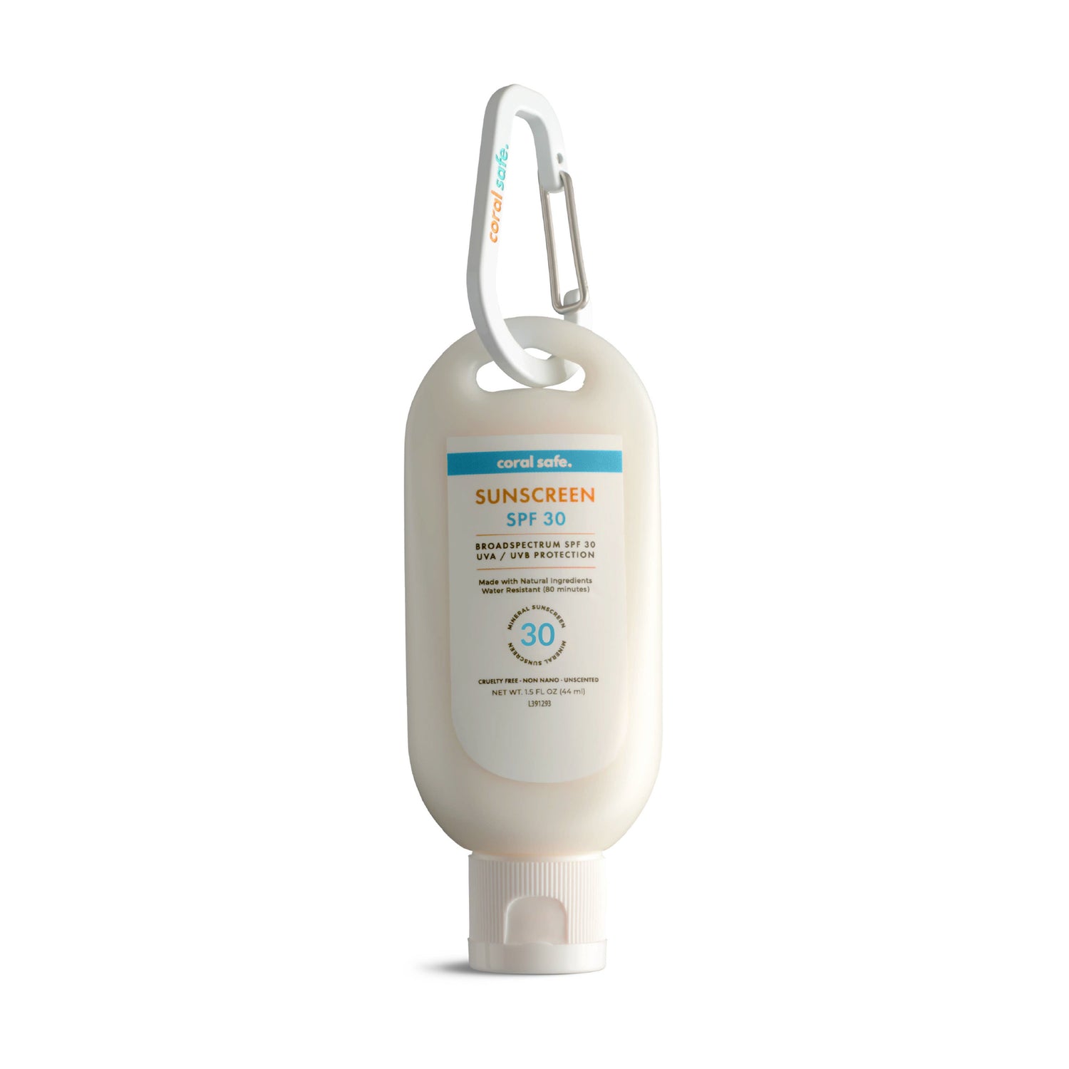 Small bottle of coral safe SPF 30 screen with carabiner