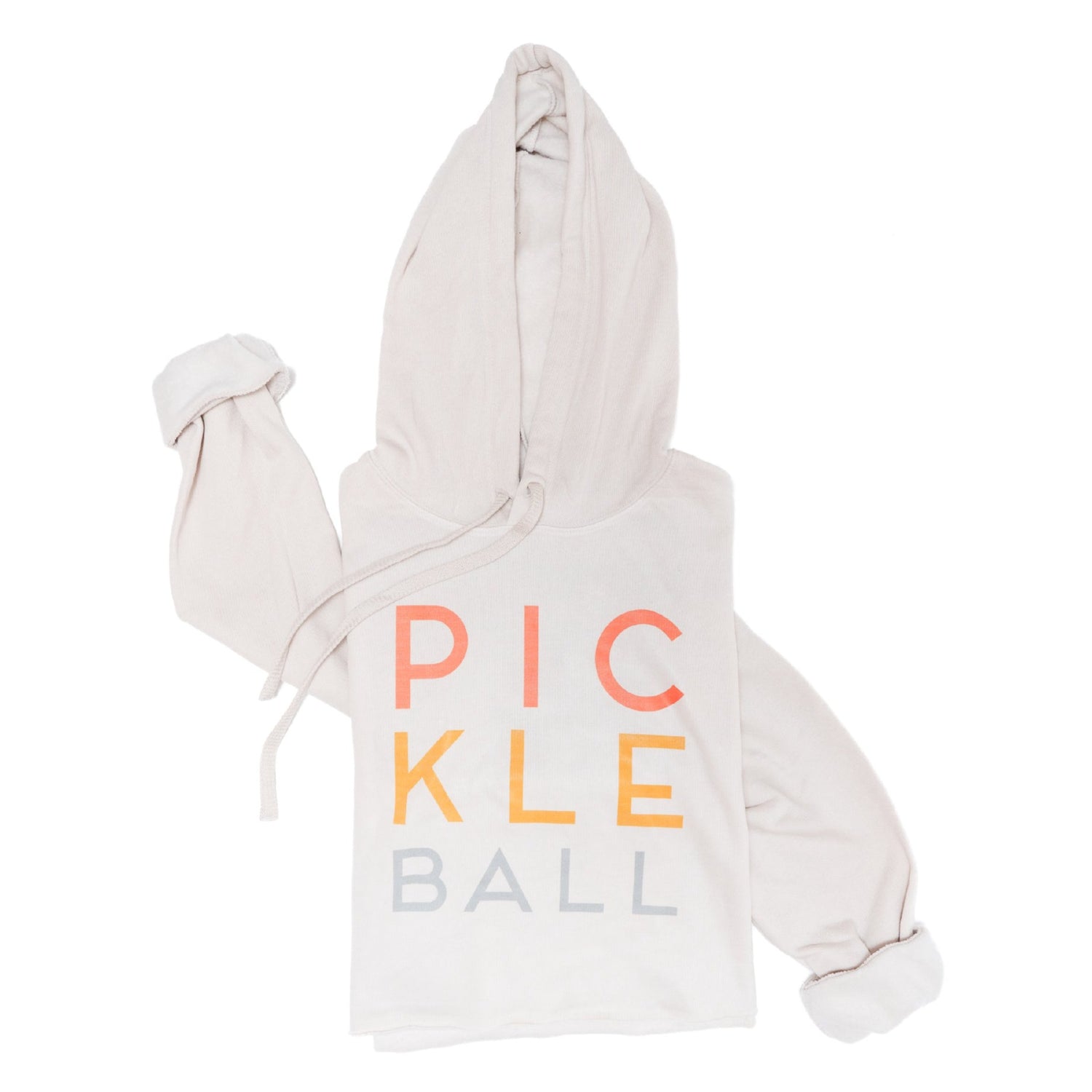 Cream colored cropped hoodie sweatshirt that says &quot;PICKLEBALL&quot; on it in colorful lettering