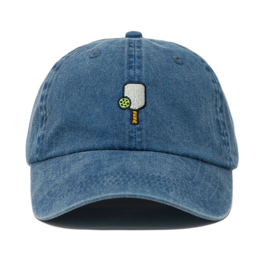 Denim baseball hat that has a pickleball paddle embroidered on it