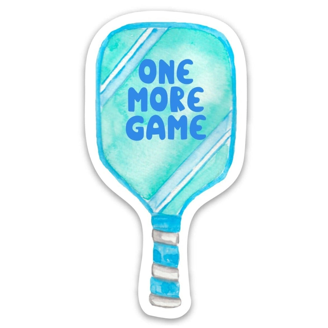 Detailed view of a blue sticker in the shape of a pickleball paddle that says &quot;ONE MORE GAME&quot; on it