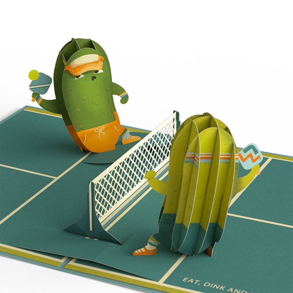 Detailed view of pickles in 3D Pickleball Birthday Card