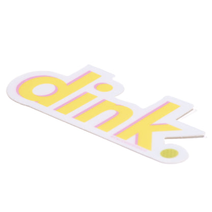 Side view of yellow and pink humorous pickleball sticker that says &quot;dink.&quot;