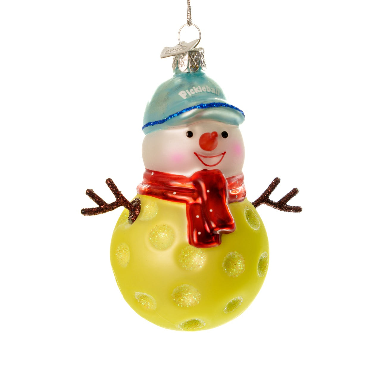 Handmade glass Christmas ornament of a pickleball snowman on a white studio backdrop