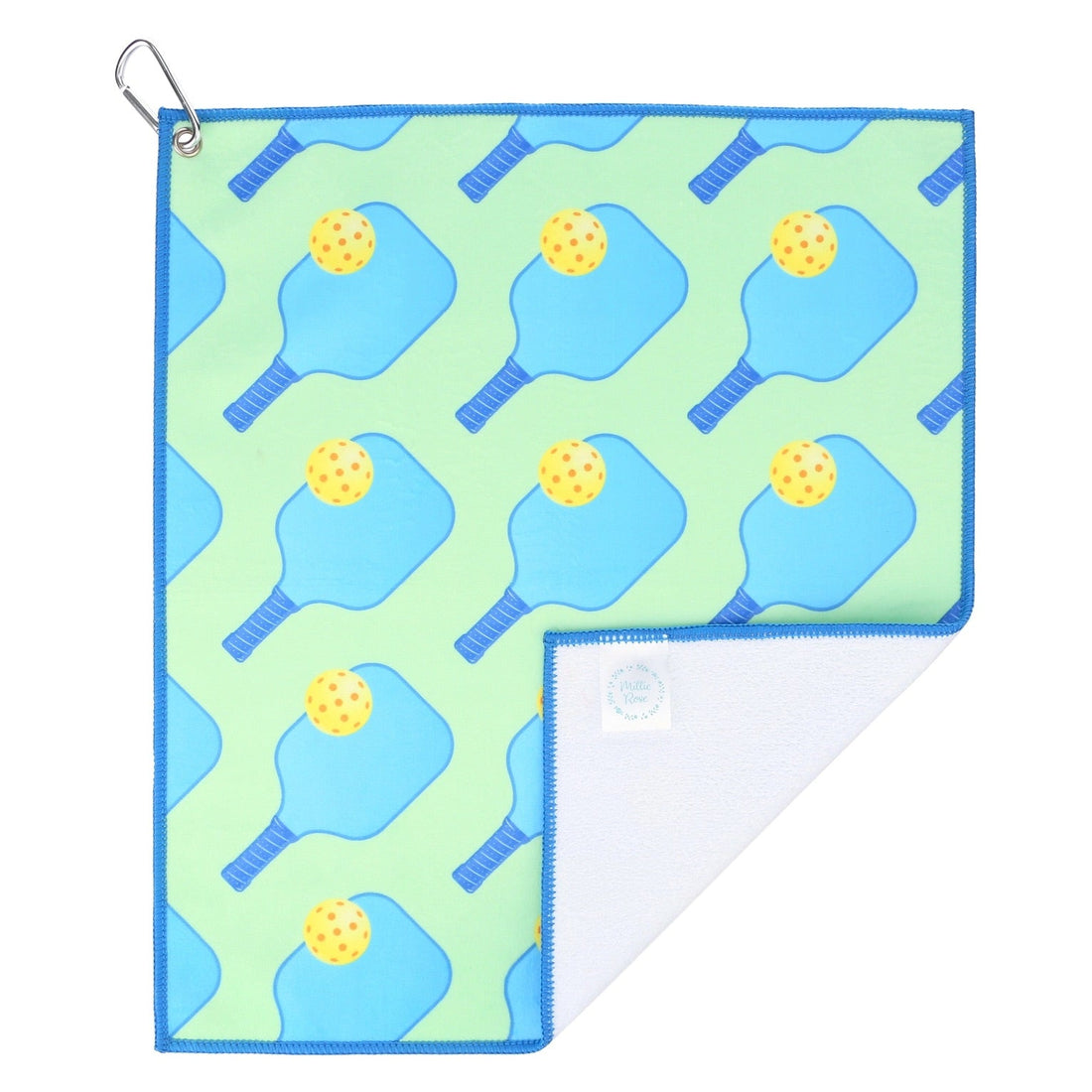 Green and blue fun pickleball sports court towel with corner folded up