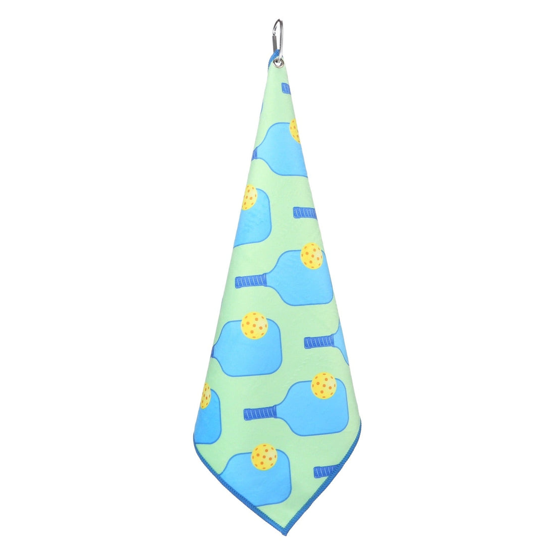 Green and blue fun pickleball sports court towel hanging from attached carabiner