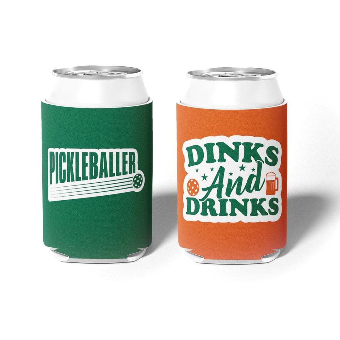 One green and one orange pickleball themed drink coozies