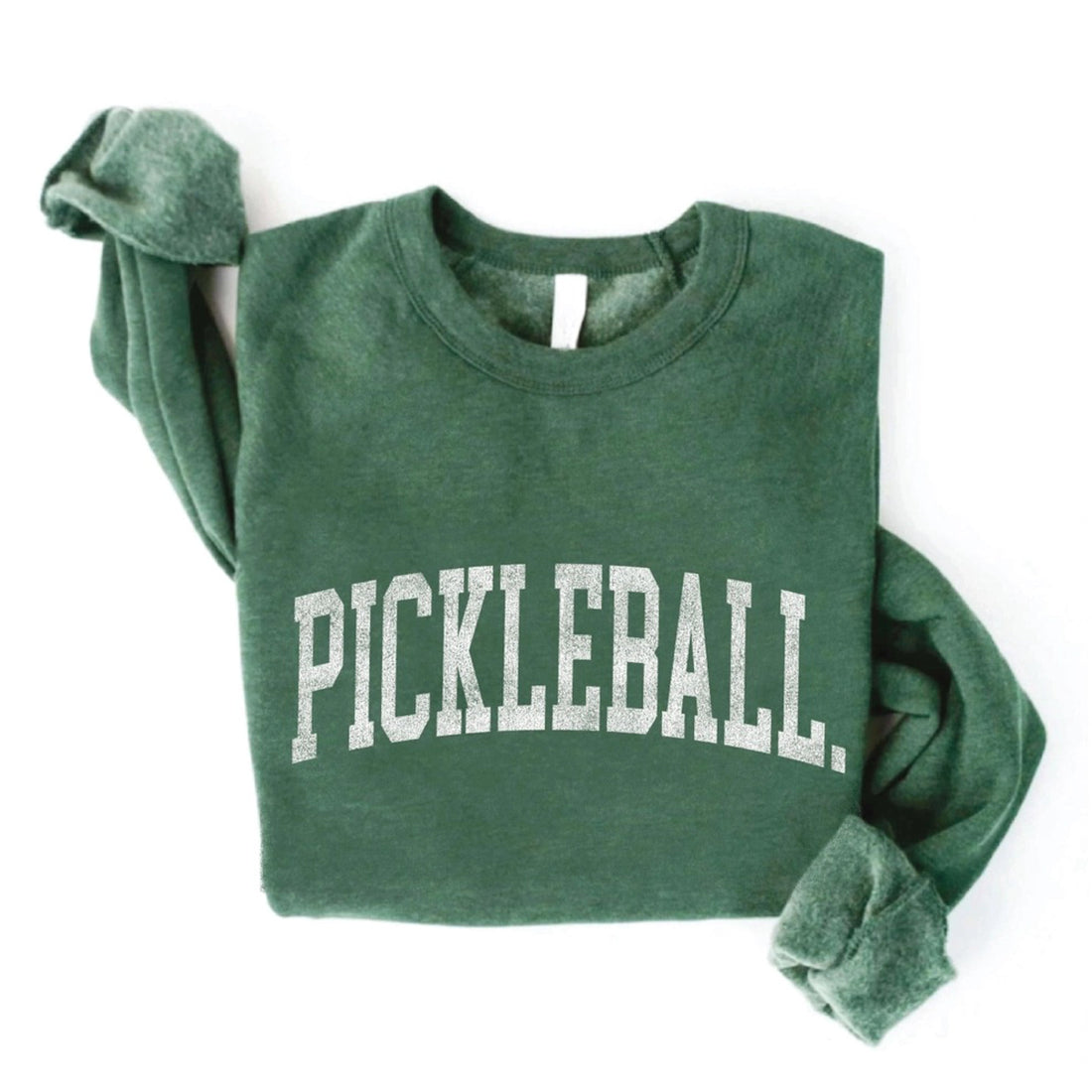 Folded green crewneck sweatshirt that says &quot;Pickleball&quot; in white font on it