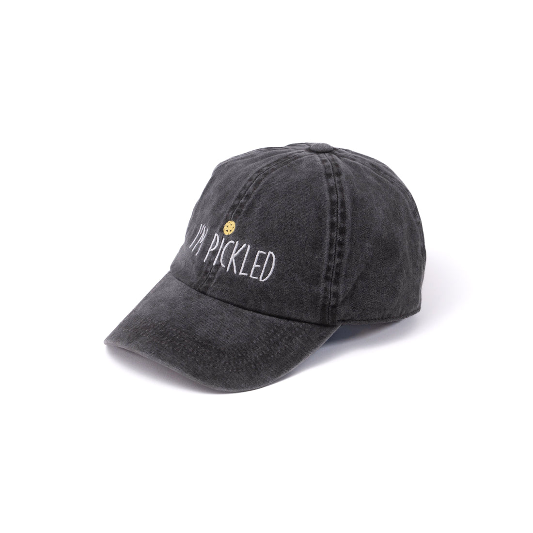 Side view of washed black baseball hat that says &quot;I&