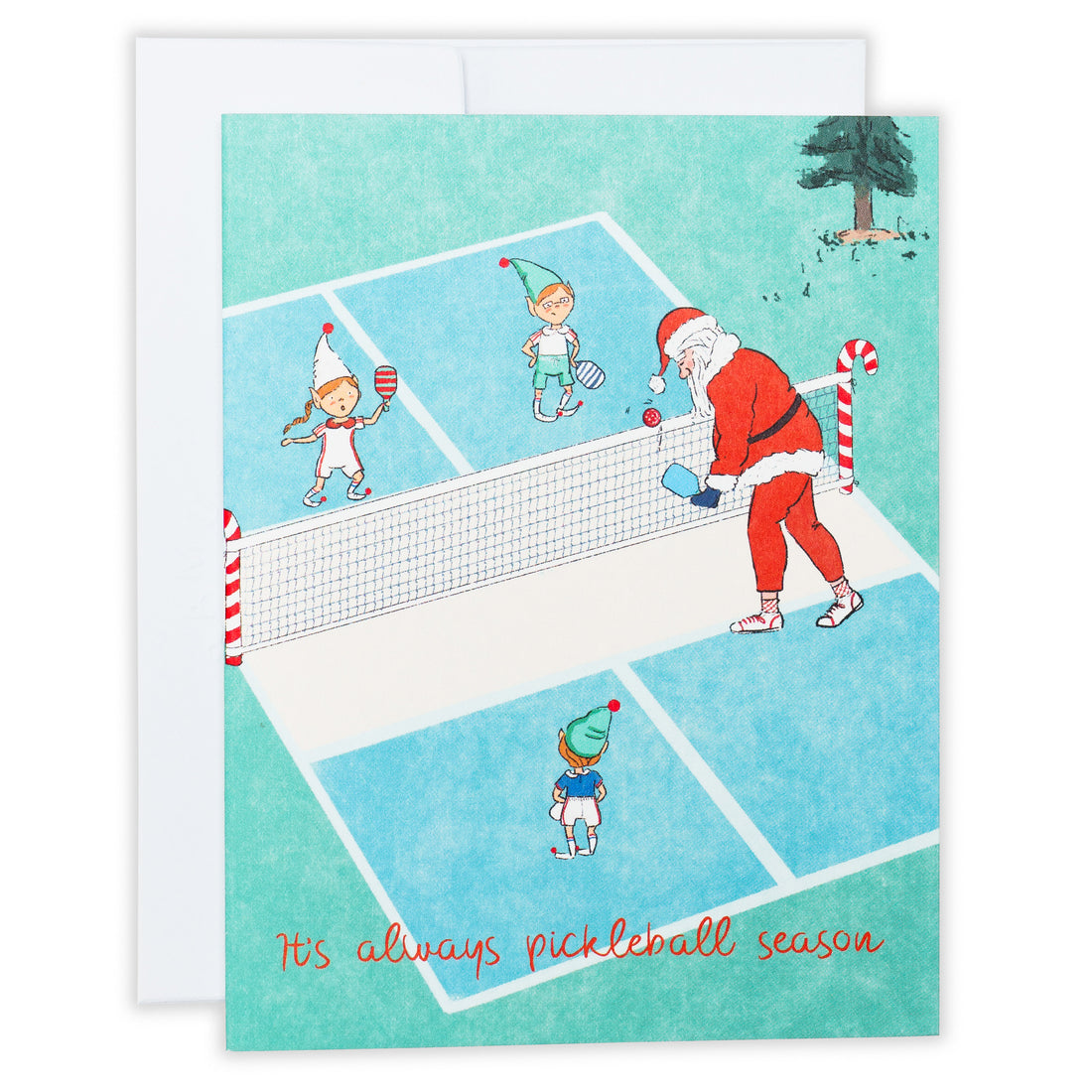 Its always pickleball season Christmas greeting card showing Santa playing pickleball with elves.