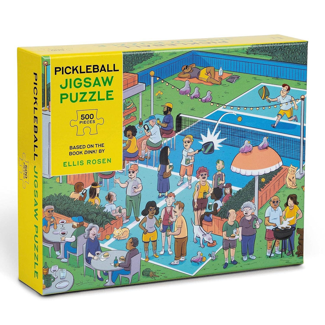 Packaging of 500 piece pickleball themed jigsaw puzzle