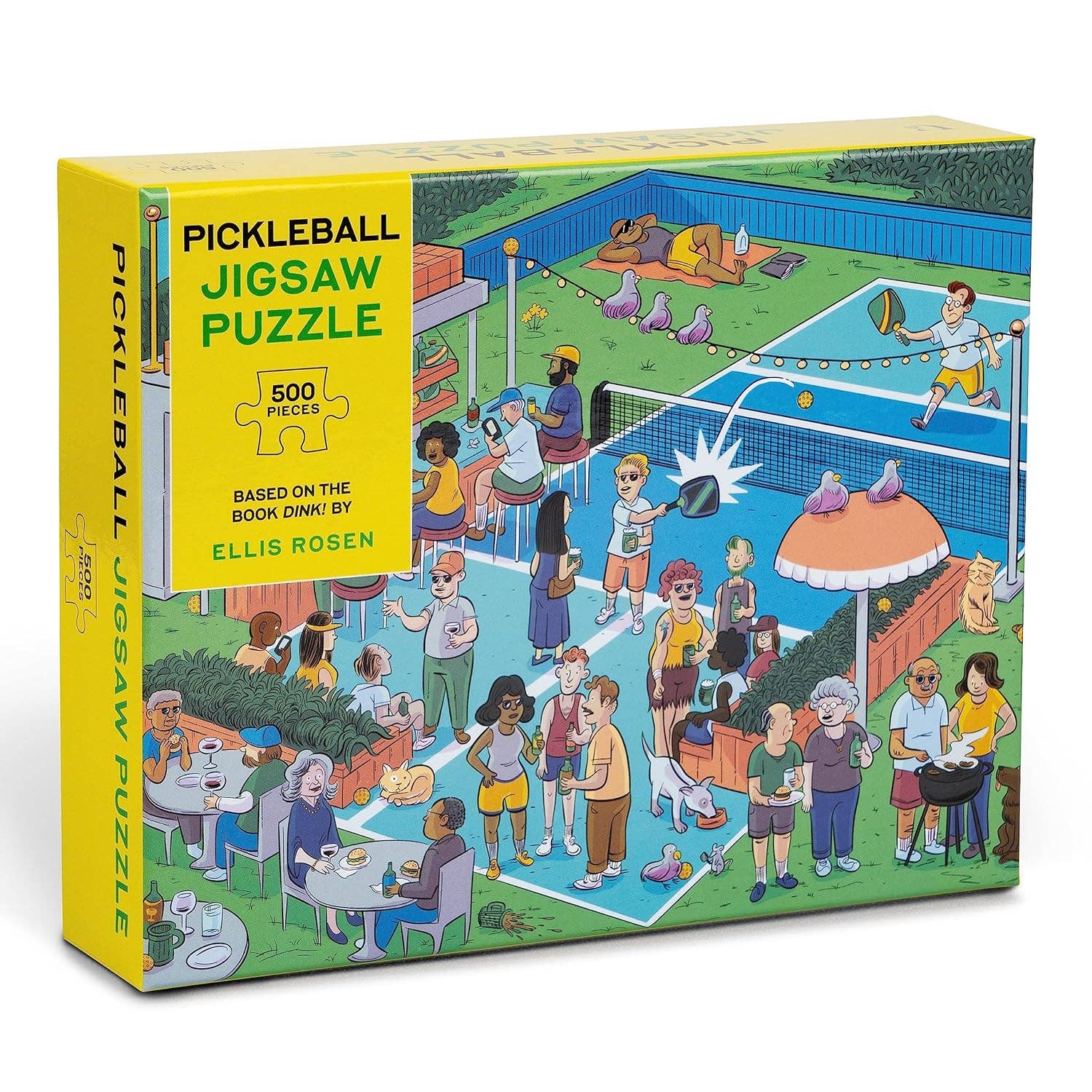 Packaging of 500 piece pickleball themed jigsaw puzzle