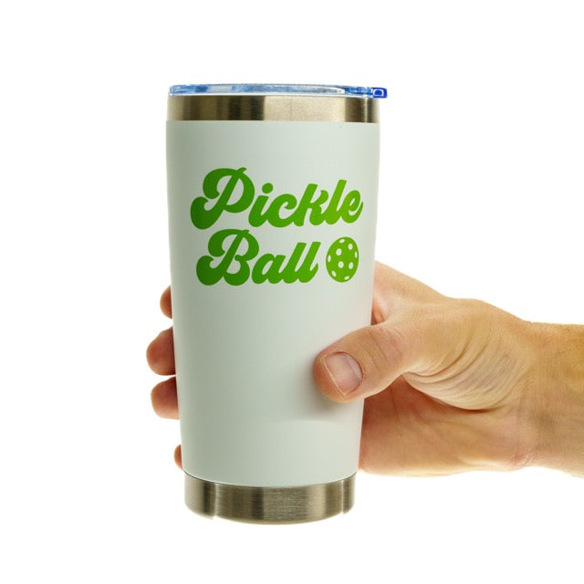 Tall drink tumbler that says Pickleball on it being held