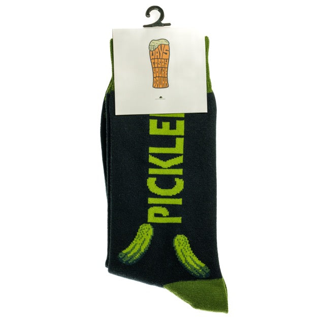 Pickle crew socks with the word PICKLE and pickles on it folded in half