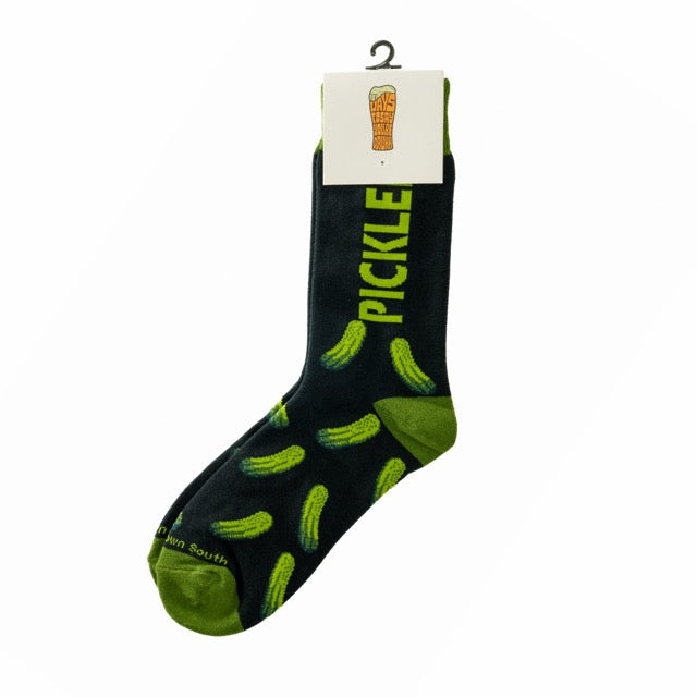 Pickle crew socks with the word PICKLE and pickles on it