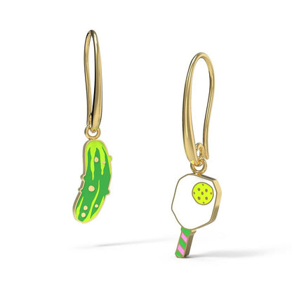 Set of earrings with a pickle on one and a pickleball paddle on the other