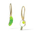 Set of earrings with a pickle on one and a pickleball paddle on the other