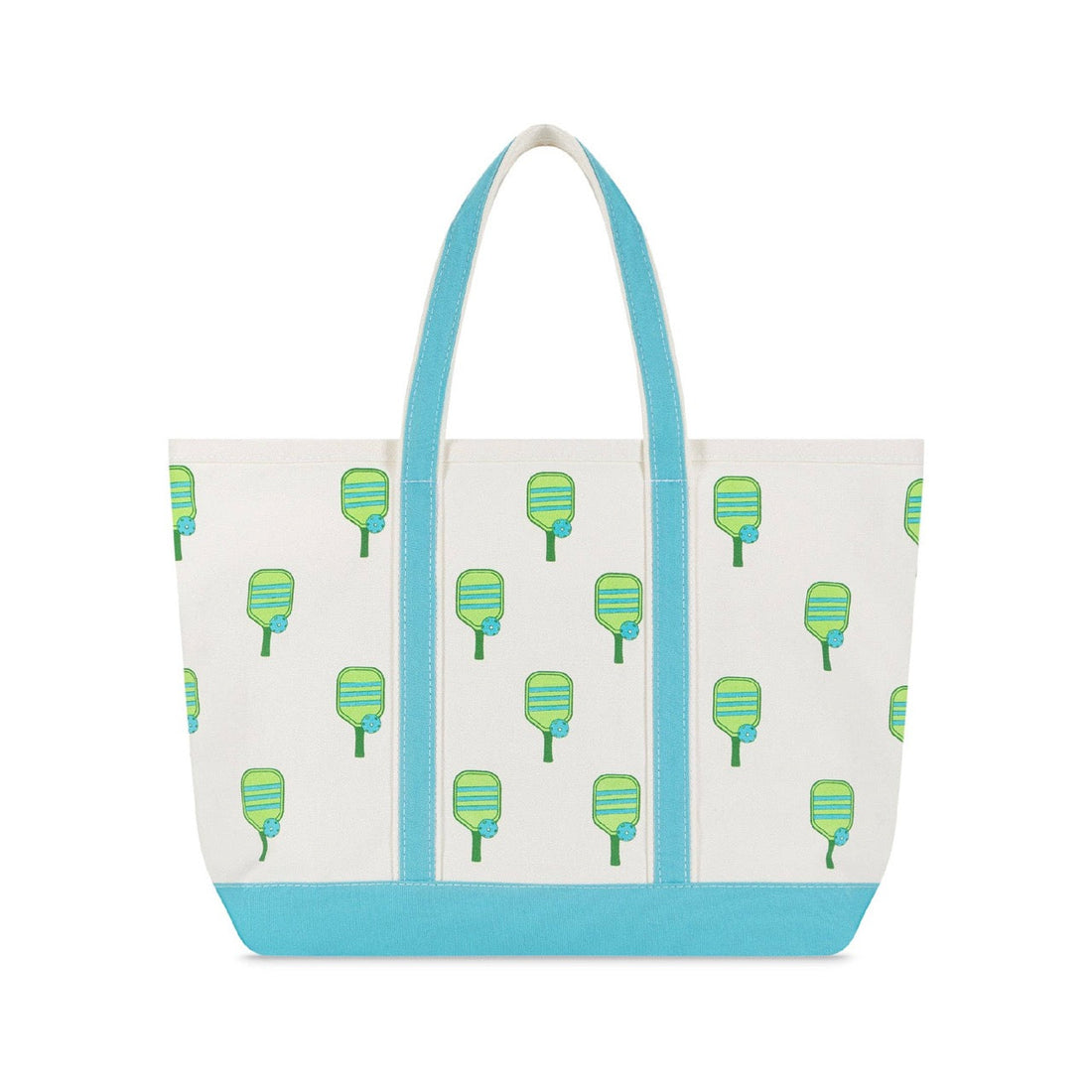 Canvas beach tote with a green pickleball paddle print on it and blue handles