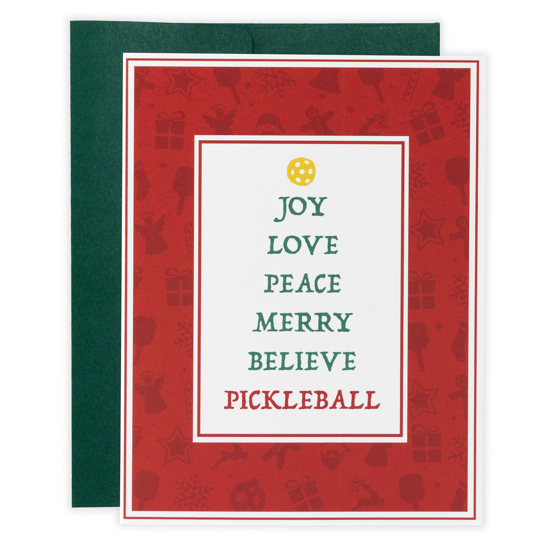 Pickleball themed greeting card with festive words stacked like a Christmas tree topped with a yellow pickleball with a green envelope