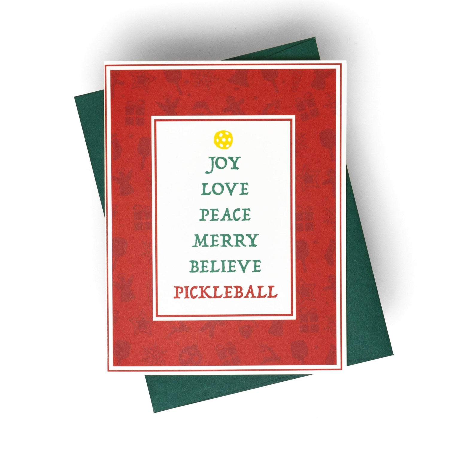 Pickleball themed greeting card with festive words stacked like a Christmas tree topped with a yellow pickleball with a green envelope