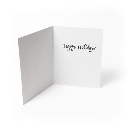 Inside message of a pickleball themed greeting card with festive words stacked like a Christmas tree with a message that says &quot;Happy Holidays&quot;