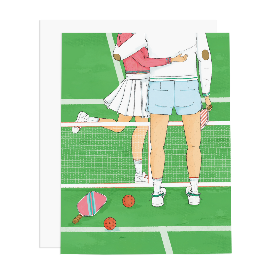 Pickleball card with the image of a couple hugging on a pickleball court.