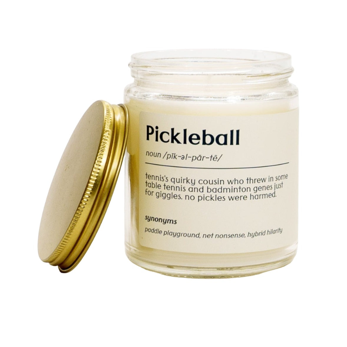 Pickleball definition candle with a cream label with top off