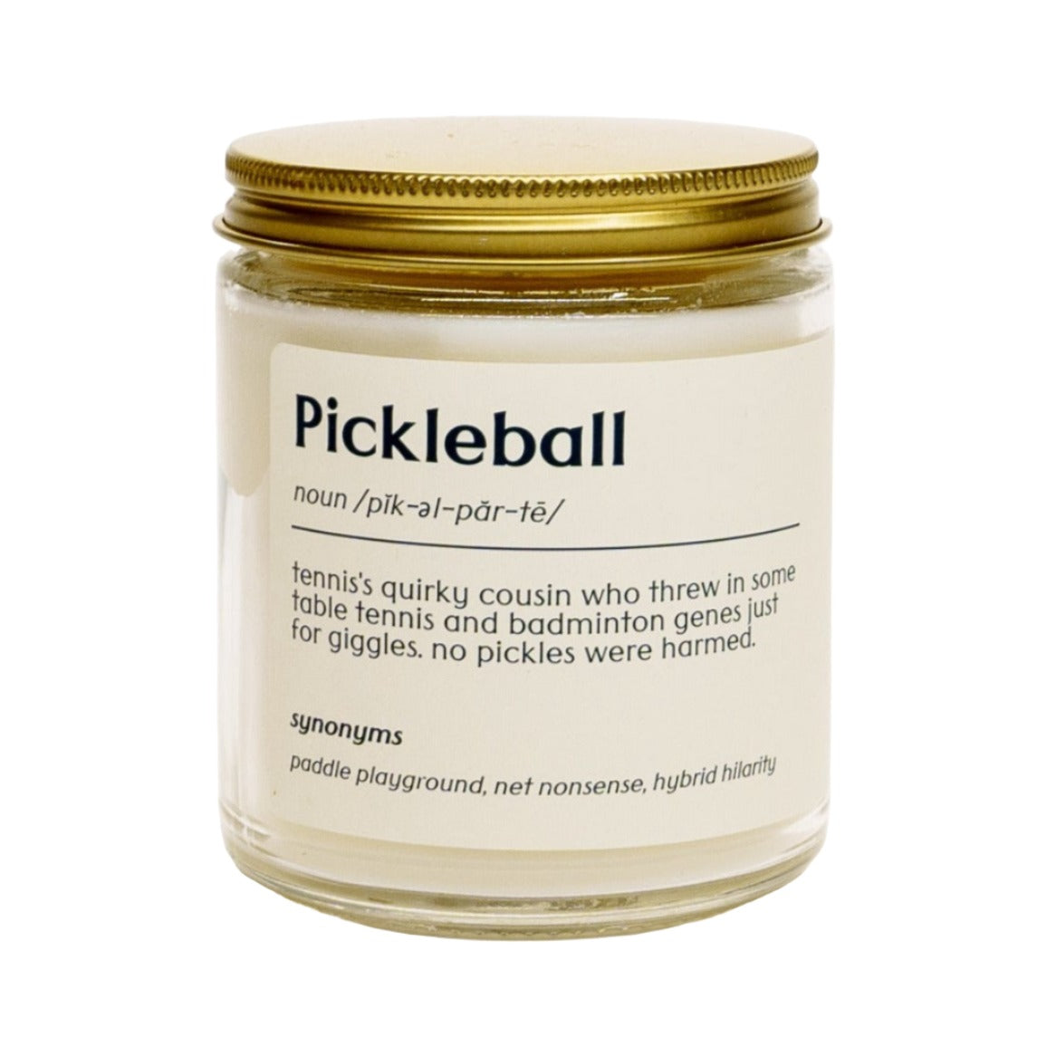 Pickleball definition candle with a cream label and metal top