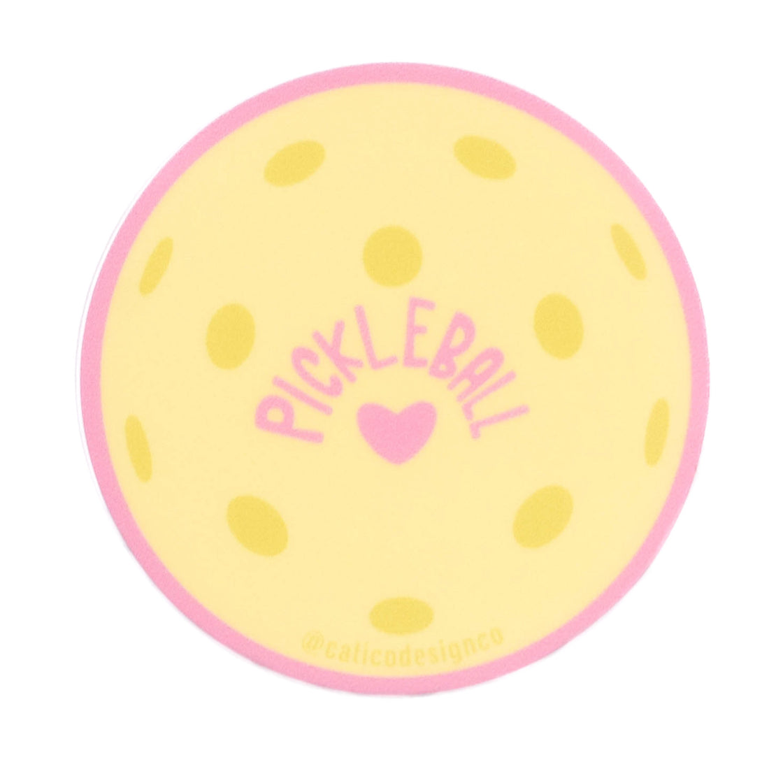 Yellow and pink sticker that looks like a pickleball and says &quot;Pickleball&quot; with a heart