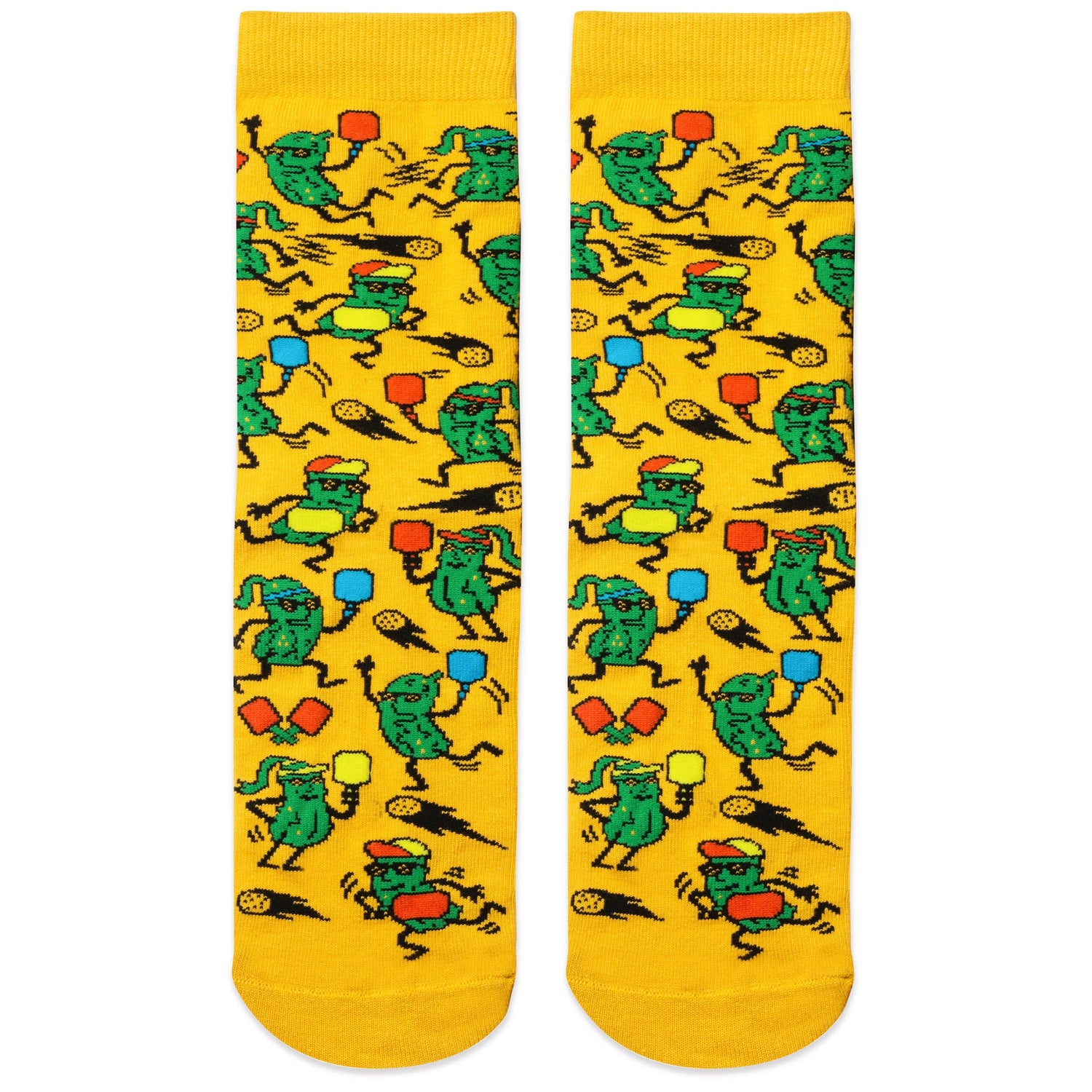 Humorous yellow socks with pickles playing pickleball on them