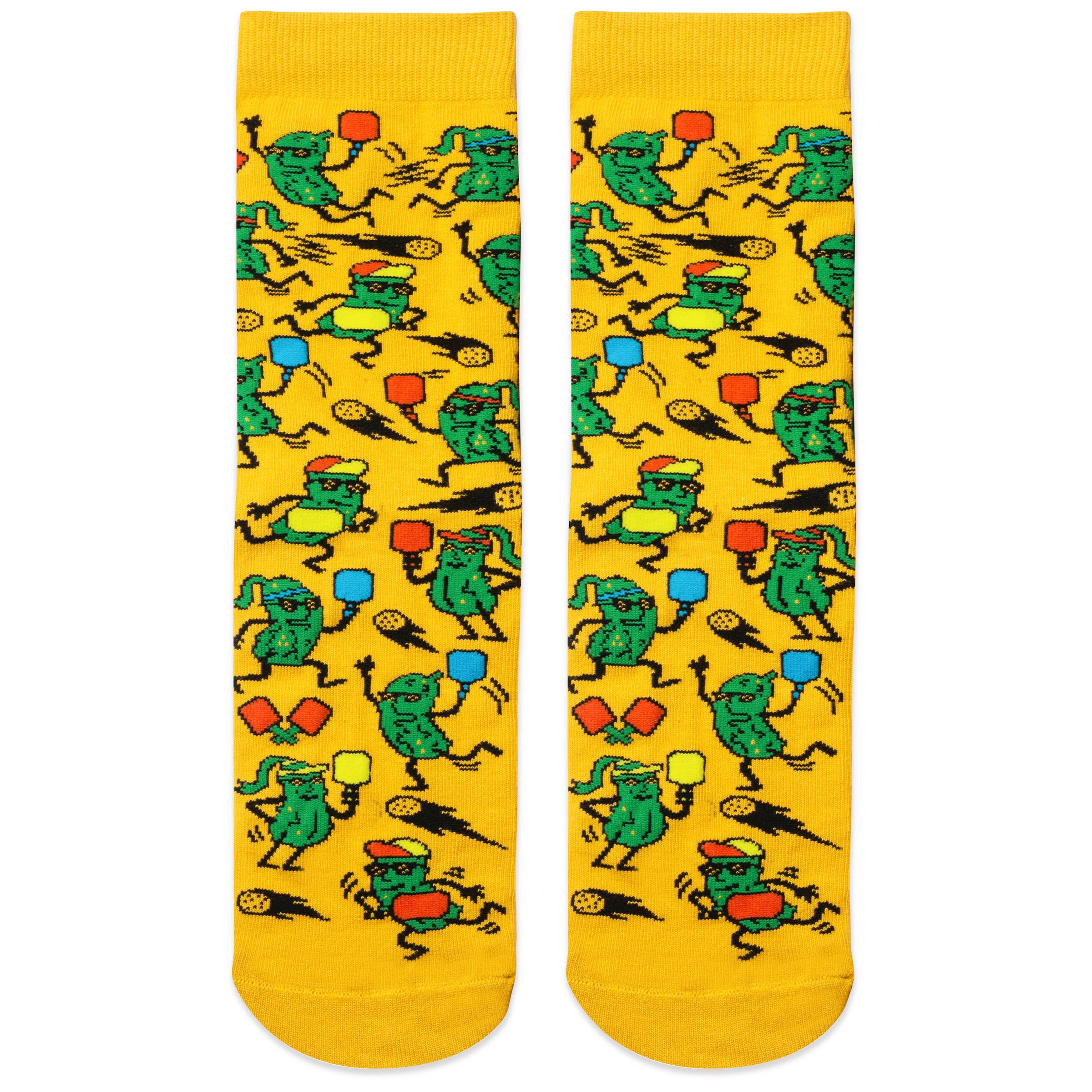 Humorous yellow socks with pickles playing pickleball on them