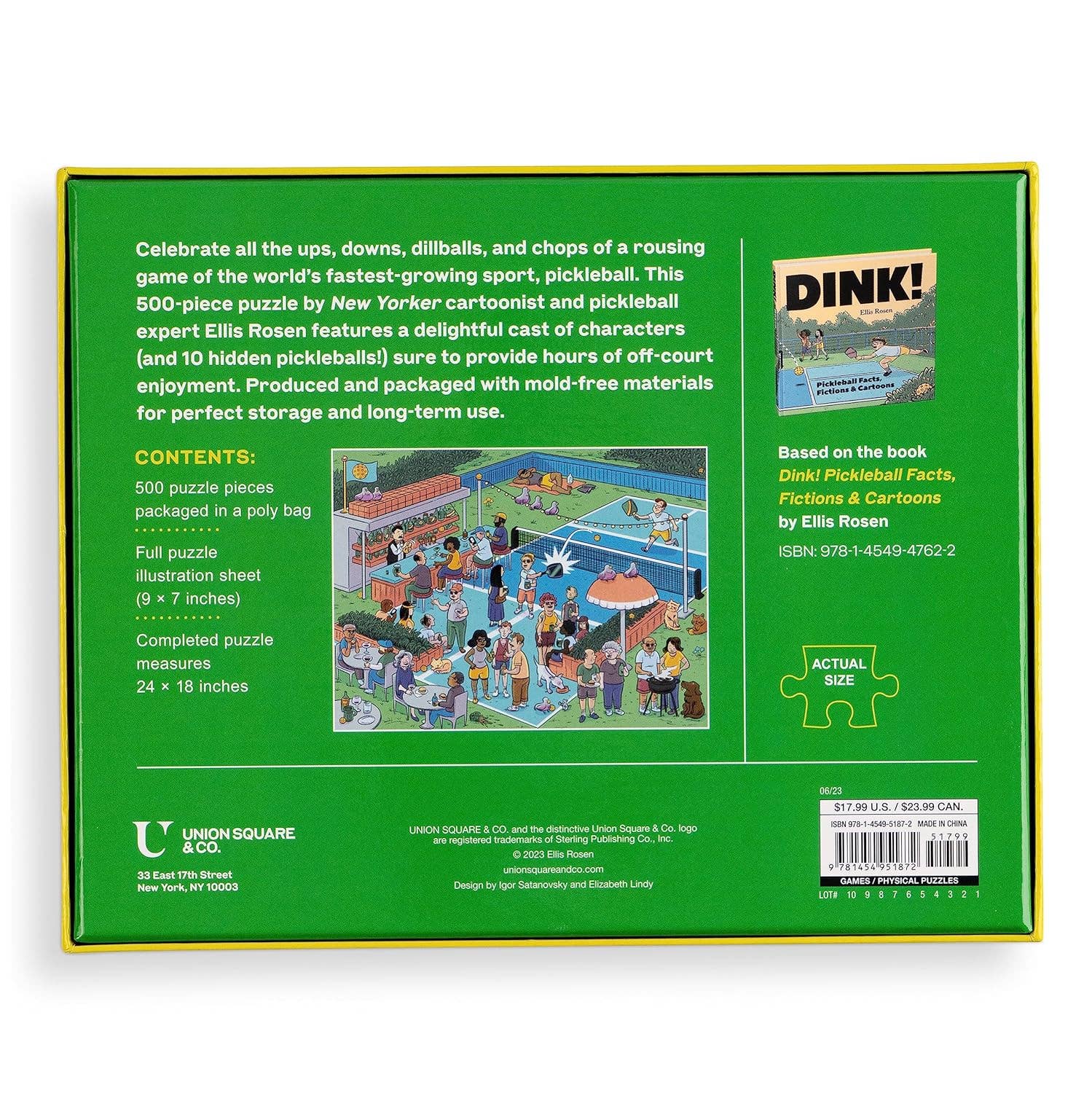 Back of the box for a 500 piece pickleball themed jigsaw puzzle