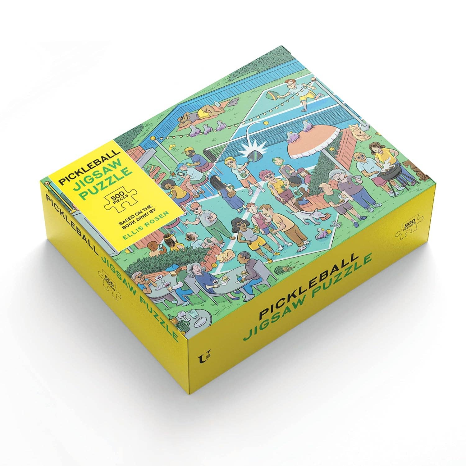 Side view of the front of the box for a 500 piece pickleball themed jigsaw puzzle