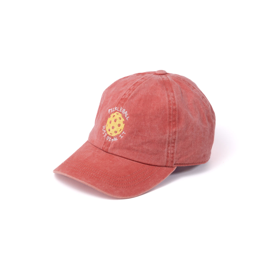 Side view of a red hat that says &quot;Pickleball Just Dink It&quot; in white font