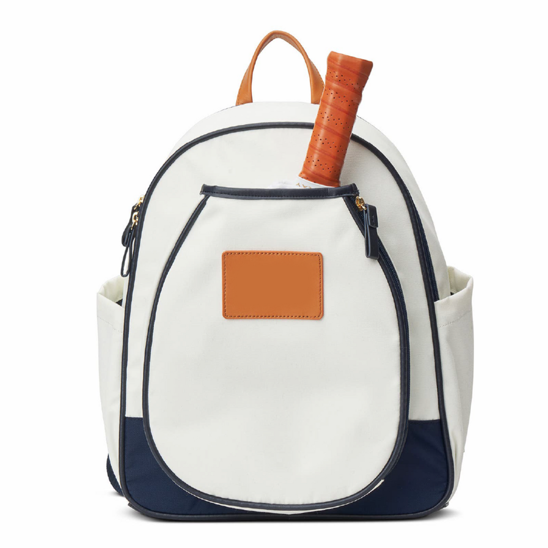 White and navy pickleball paddle backpack with paddle in it.