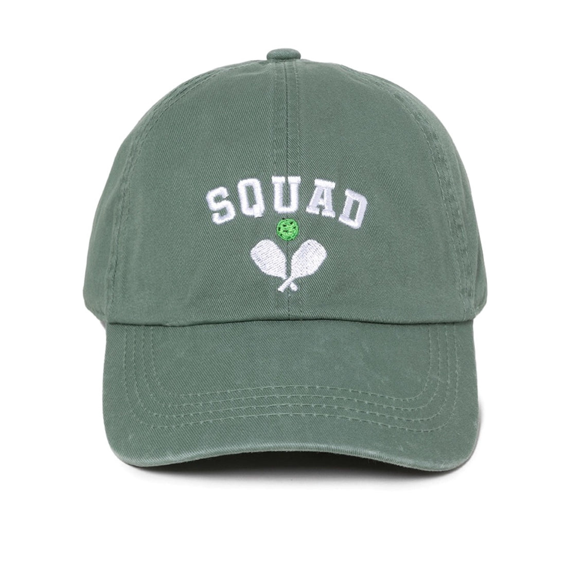 Sage green baseball hat that says Squad embroidered on it