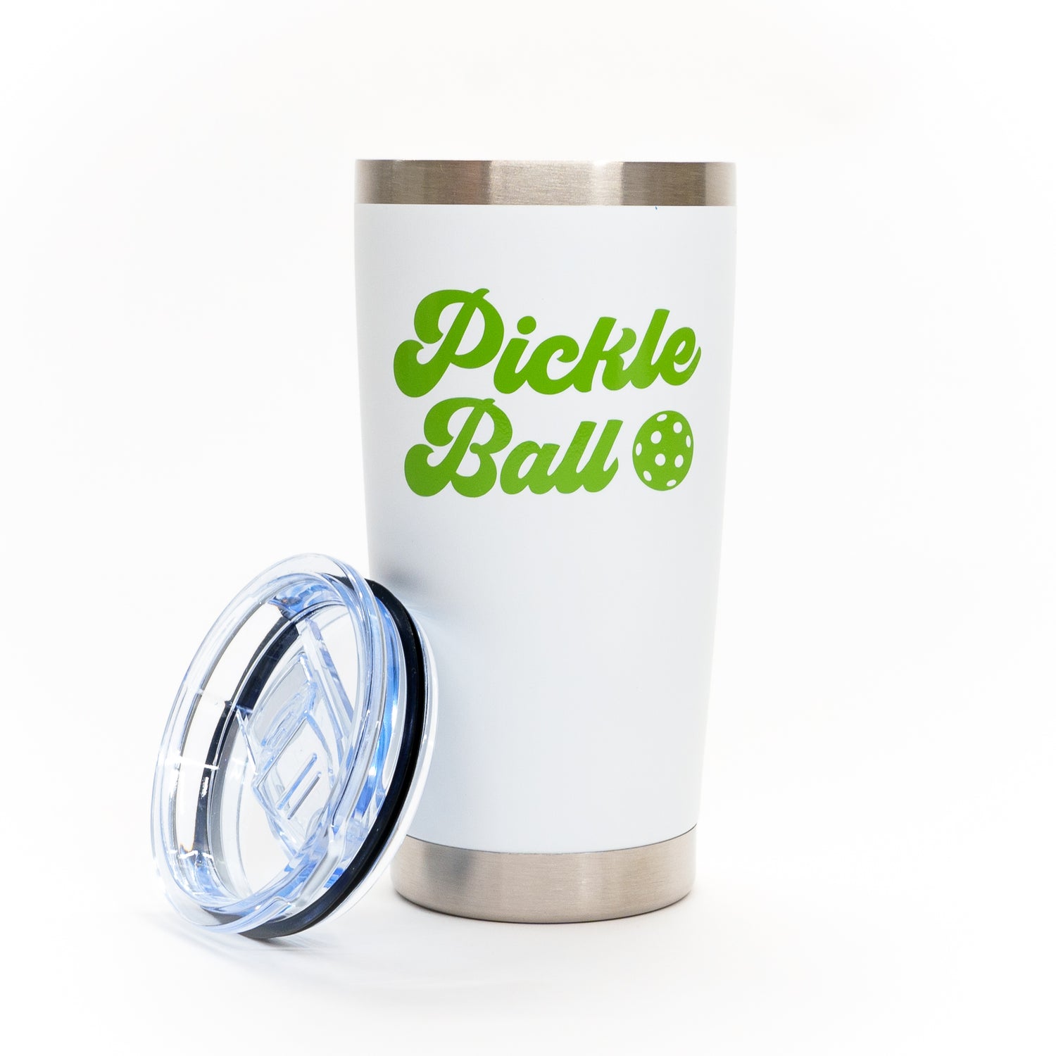 Tall drink tumbler that says Pickleball on it with the lid off