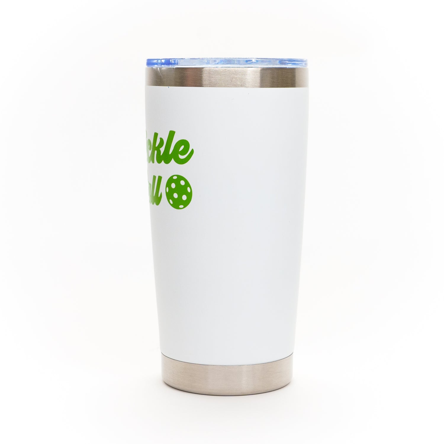 Side view of tall drink tumbler that says Pickleball