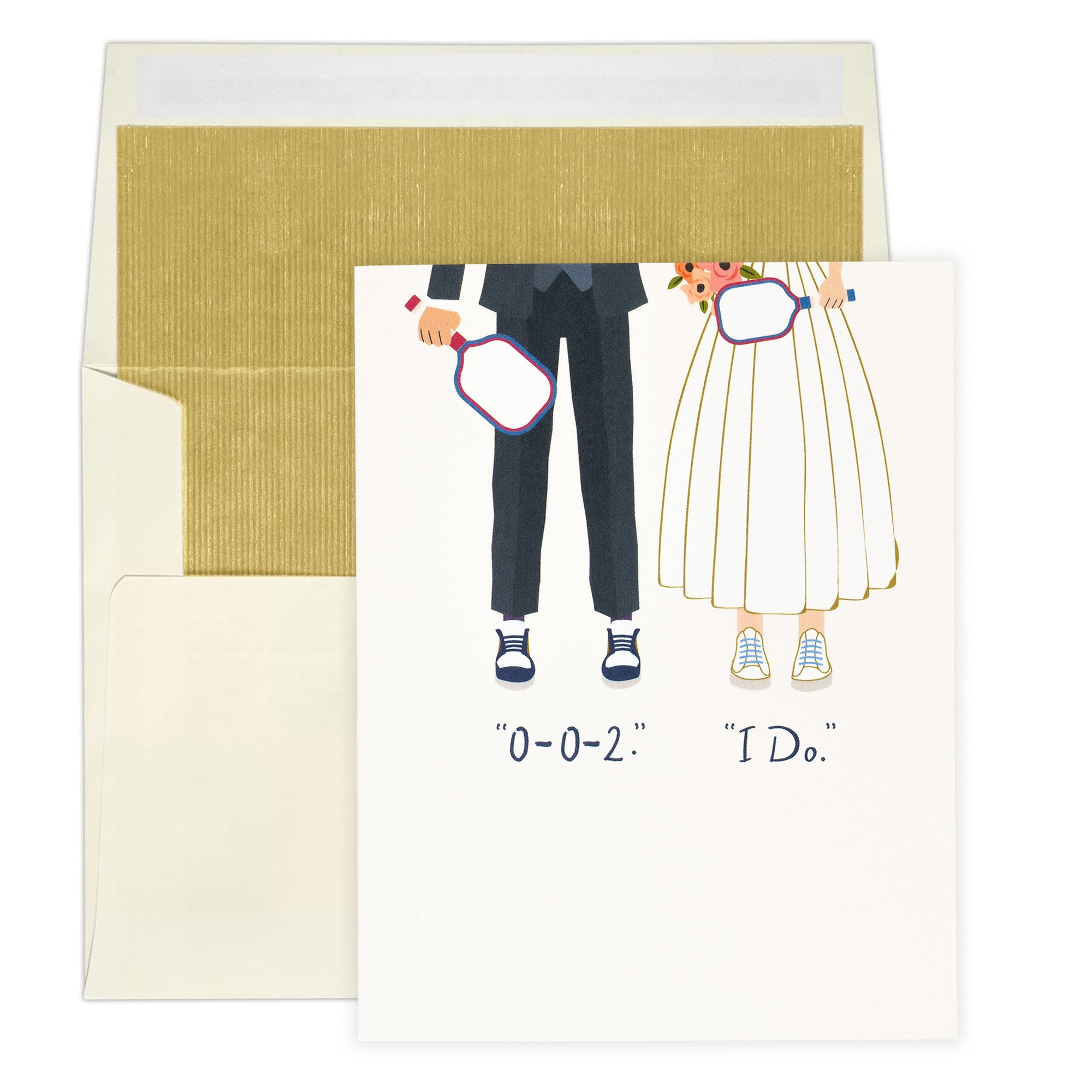 Close up of an elegant pickleball themed wedding card that shows a bride and a groom on their wedding day holding pickleball paddles wearing court shoes with text that reads &quot;0-0-2.&quot;, &quot;I Do.&quot;, with an envelope that has gold foil under the flap