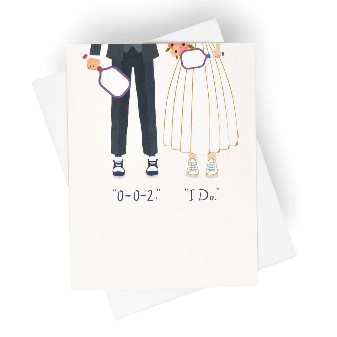 An elegant pickleball themed wedding card that shows a bride and a groom on their wedding day holding pickleball paddles wearing court shoes with text that reads &quot;0-0-2.&quot;, &quot;I Do.&quot;, laying flat on a white background.