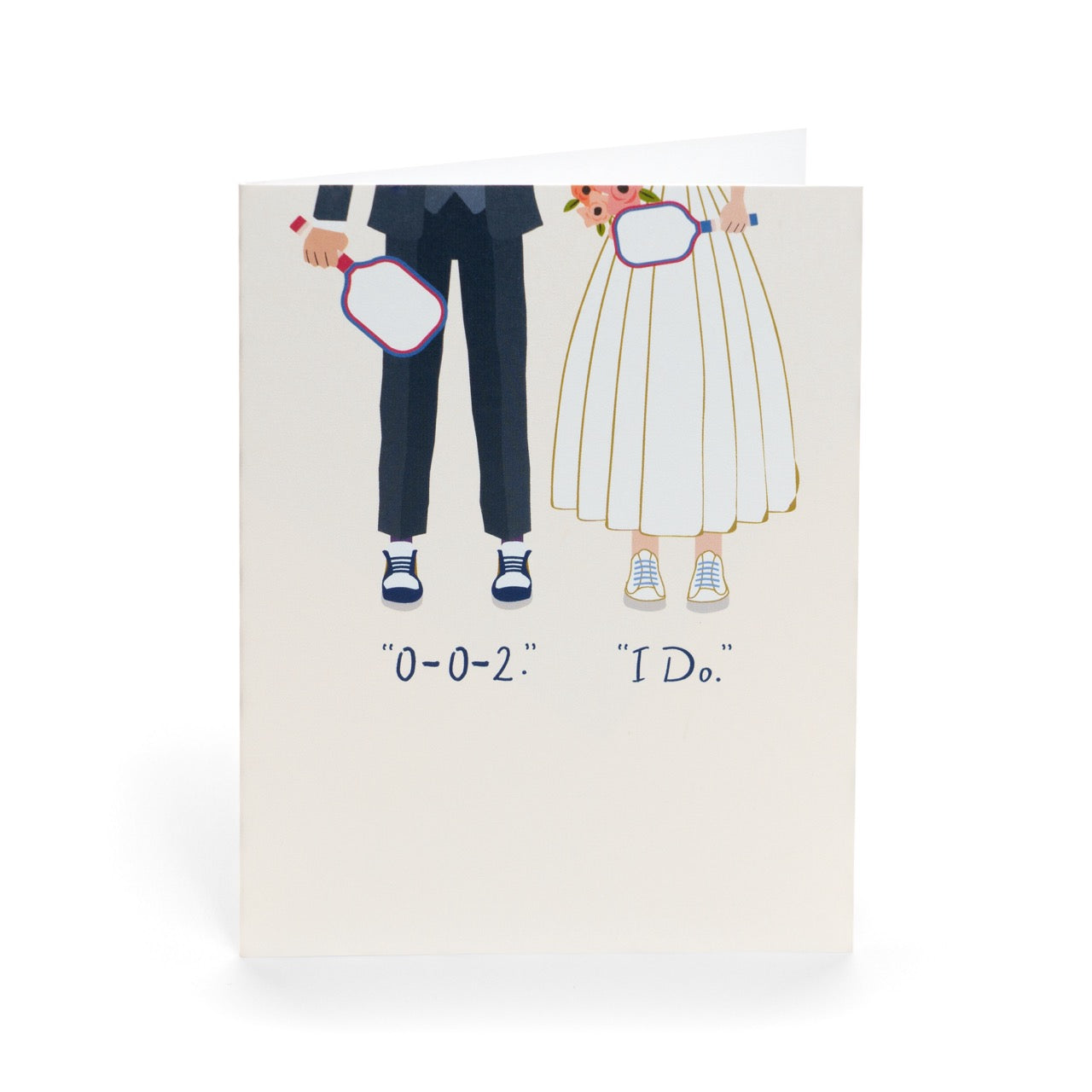 An elegant pickleball themed wedding card that shows a bride and a groom on their wedding day holding pickleball paddles wearing court shoes with text that reads &quot;0-0-2.&quot;, &quot;I Do.&quot;, standing up on a white background