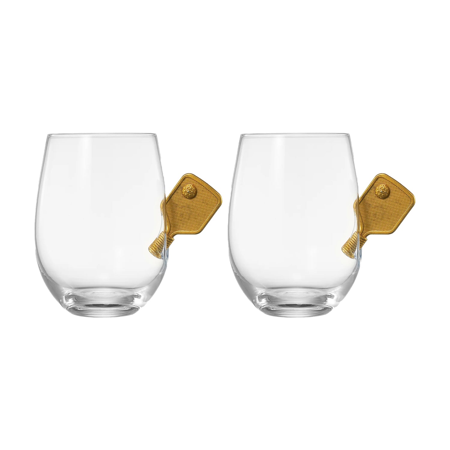 Set of stemless wine glasses with small metal pickleball paddles embedded into the glasses