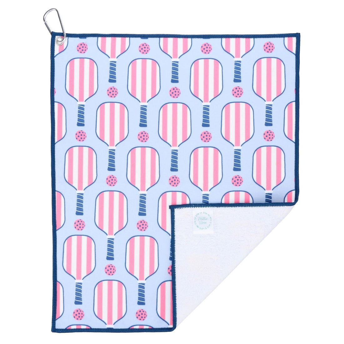 Pink and blue preppy pickleball sports court towel with attached carabiner for hanging with the corner folded up