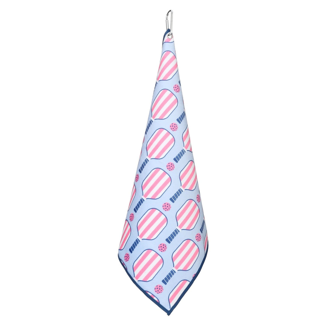 Pink and blue preppy pickleball sports court towel hanging from attached carabiner